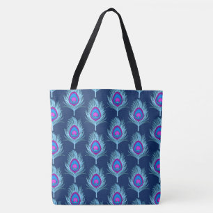 Bolsa Tote Penas de Pavão, Azul Marinho e Azul Pastel