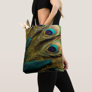 Bolsa Tote Penas de Pavão Dourado Azul Elegante-Abstrato Azul