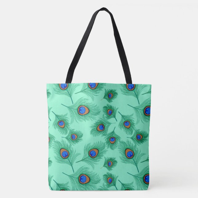 Bolsa Tote Penas de Pavão Turquesa sobre Aqua Claro (Frente)