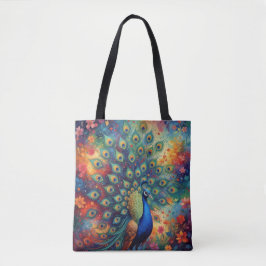 Bolsa Tote Penas e Flores de Pavão Coloridas
