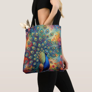 Bolsa Tote Penas e Flores de Pavão Coloridas