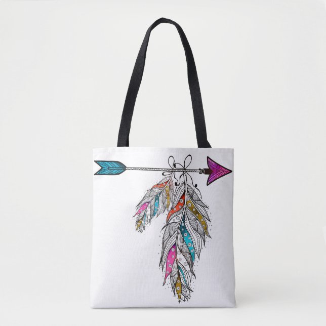 Bolsa Tote penas ornamentais penduradas ao estilo boho (Frente)