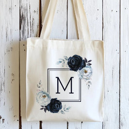 Bolsa Tote Peônia Floral Monograma Azul Marinho