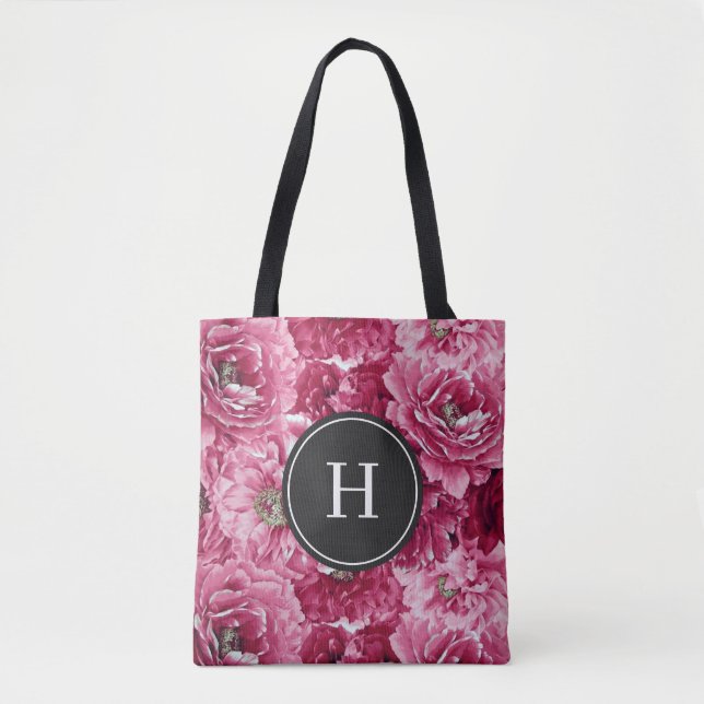 Bolsa Tote Pêonias Botânicas Rosa Padrão Bridesmaid Monograma (Frente)