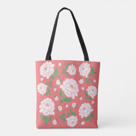 Bolsa Tote Peônias Brancas Fundo Coral Vivo