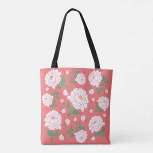 Bolsa Tote Peônias Brancas Fundo Coral Vivo