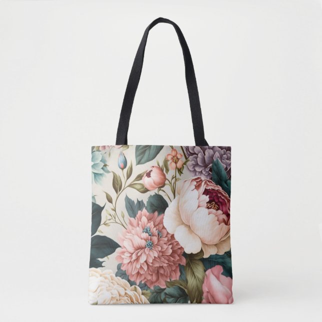 Bolsa Tote Pêonias e Gardenia Padrão Floral Sem Costura (Frente)