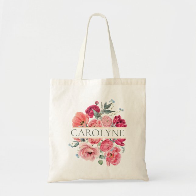 Bolsa Tote Peônias Francesas Rosas Monograma de Noiva Floral (Frente)