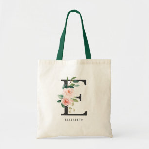 Bolsa Tote Peony Floral Letra E Monograma Preto para Damas de