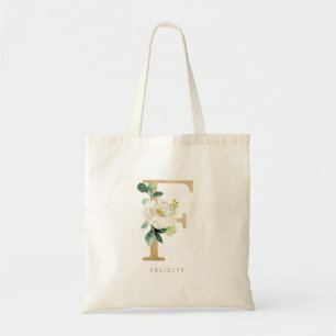 Bolsa Tote Peony Floral - Letra F Monograma Dourado Bridesmai