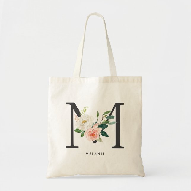 Bolsa Tote Peony Floral - Letra M Preta Monograma Bridesmaid (Frente)