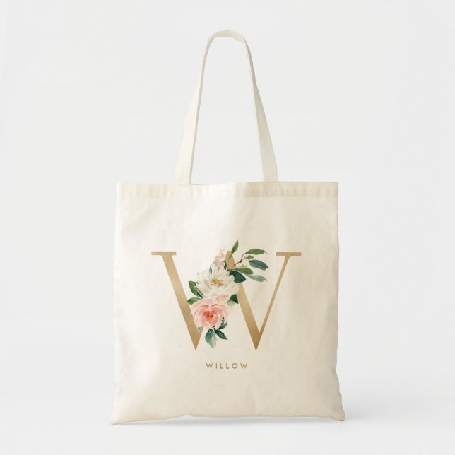 Bolsa Tote Peony Floral - Letra W Monograma Dourado Bridesmai (Frente)