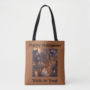 Bolsa Tote Pequena cidade aconchegante na noite de Halloween 