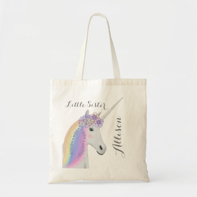 Bolsa Tote Pequena Irmã Unicorn Rainbow Flowers Fantasy (Frente)