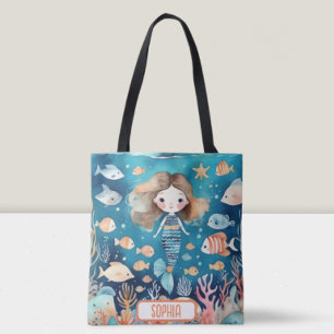 Bolsa Tote Pequena Sereia Cuta Sob O Mar com Peixe de Coral