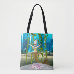 Bolsa Tote Pequena Sereia, Gata Fantástica, Oceano Azul