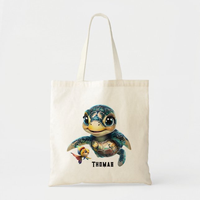 Bolsa Tote Pequena tartaruga marinha explorando com sua amiga (Frente)