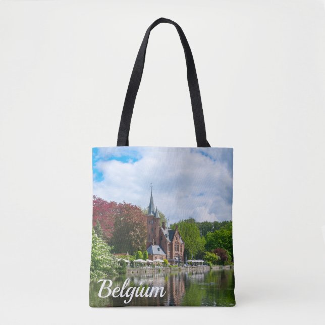 Bolsa Tote Pequeno castelo perto do lago em Bruges, Bélgica (Frente)