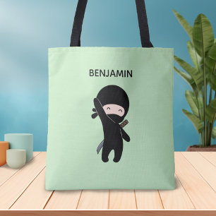 Bolsa Tote Pequeno e feliz nome personalizado Ninja em verde