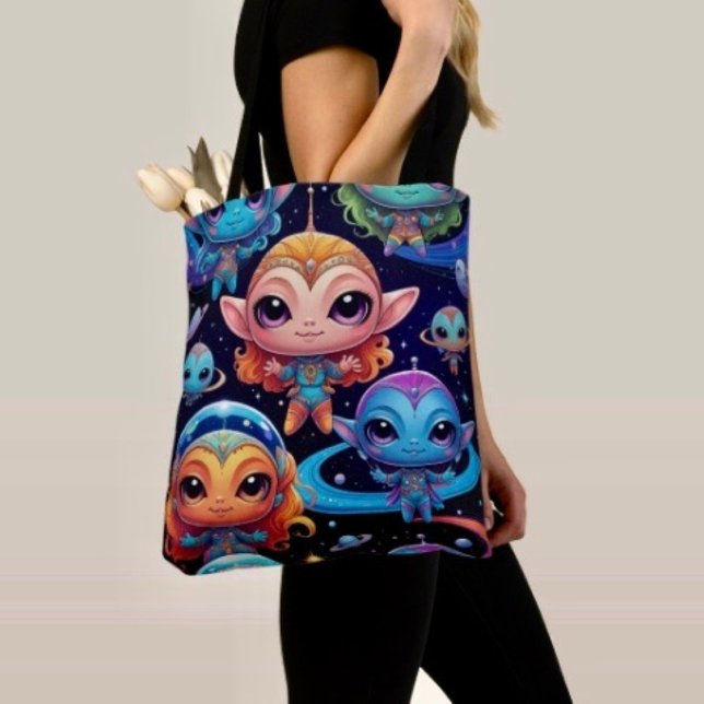 Bolsa Tote Pequenos Alienígenas Multicoloridos no Espaço (Criador carregado)