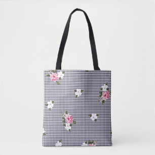 Bolsa Tote Pequenos cheques e padrões de flores abstratos,