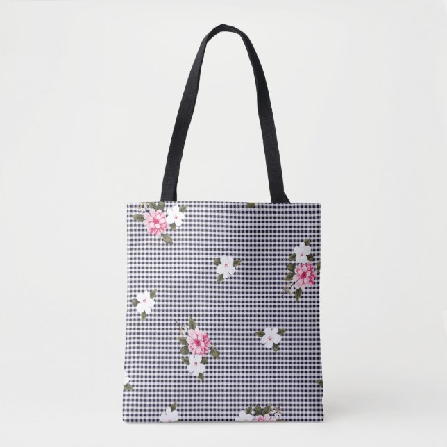 Bolsa Tote Pequenos cheques e padrões de flores abstratos,  (Frente)