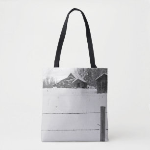 Bolsa Tote Pequenos Shacks com Cerca Cena de Inverno