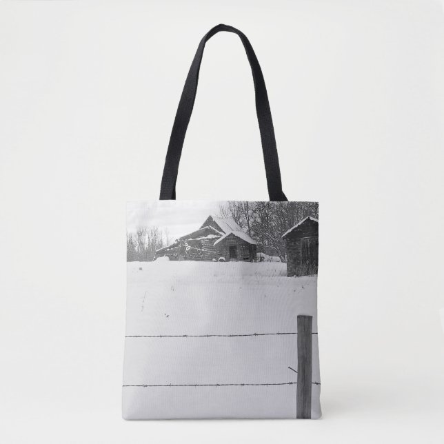 Bolsa Tote Pequenos Shacks com Cerca Cena de Inverno (Frente)