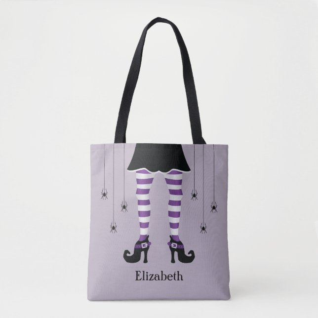 Bolsa Tote Pernas de Bruxa Roxa E Aranhas Com Nome Halloween (Frente)