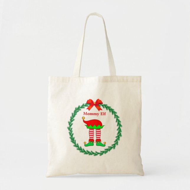 Bolsa Tote pernas de elfo de Natal em listras vermelhas e bra (Frente)
