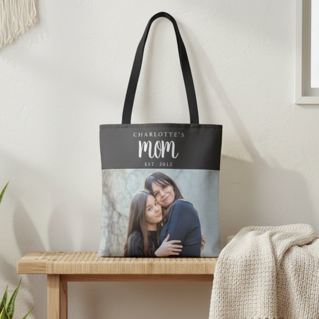Bolsa Tote Personal Mom Established from Child Photo Name (modern minimal black tote bag gift for mothers day from kids teen to mom with name and year est.)