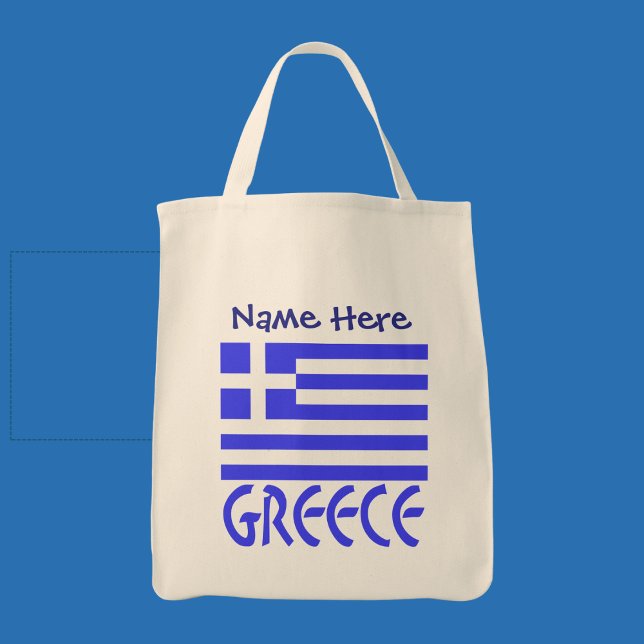 Bolsa Tote Personalização Azul Bandeira Grega Grécia  (Personalized tote bag with Greek flag and the word GREECE below in blue letters. Add a name above.)