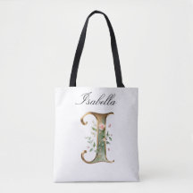Bolsa Tote Personalizada com Letra Floral em Ouro