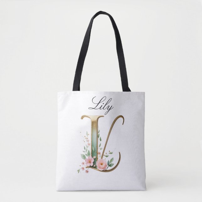 Bolsa Tote Personalizada com Letra Floral em Ouro (Frente)