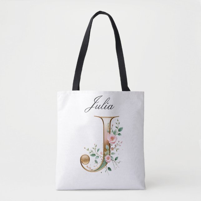 Bolsa Tote Personalizada com Letra J Floral em Our (Frente)