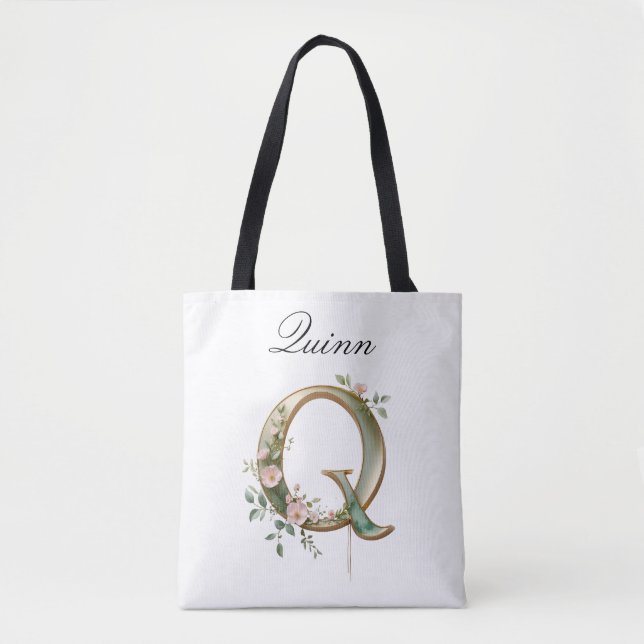 Bolsa Tote Personalizada com Letra Q Floral em Dou (Frente)