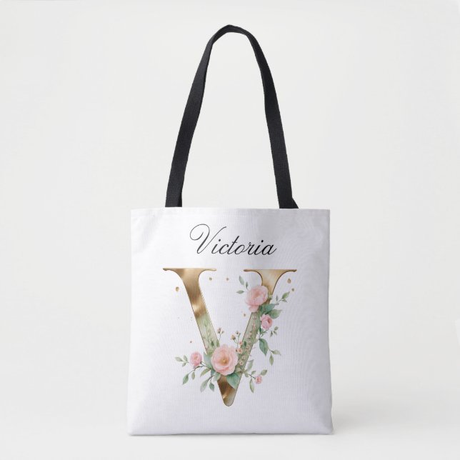 Bolsa Tote Personalizada com Letra V Floral em Our (Frente)
