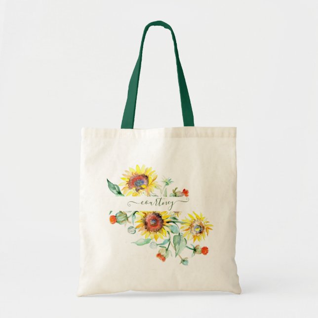Bolsa tote personalizada de girassóis em aquarela (Frente)