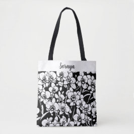bolsa tote personalizada de orquídeas preto e bran
