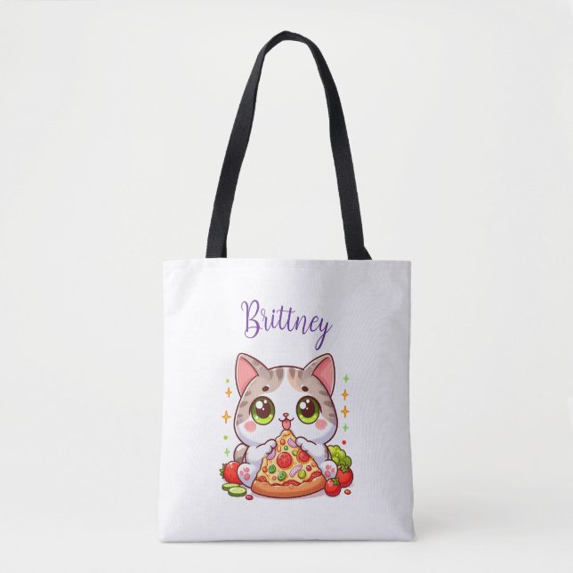 Bolsa Tote Personalizada Pizza de Comida de Gato Kawaii (Frente)