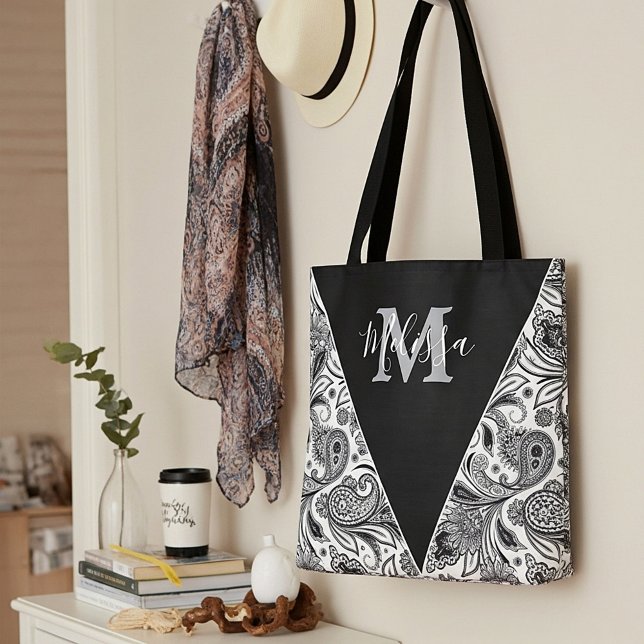 Bolsa tote personalizada preto e branco paisley (Criador carregado)