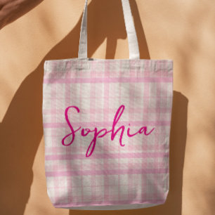 Bolsa Tote Personalizada Xadrez Rosa Nome