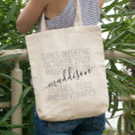 Bolsa Tote Personalizado de Percurso de Fim de Semana de Rapa<br><div class="desc">Saco de Tote Personalizado do Fim de Semana das Raparigas Personalizado com texto e texto editáveis para a sua data,  destino ou localização,  nome e citação divertida como "besties,  buds e bebidas" faz uma manutenção divertida e útil para o seu esquadrão ou madrinhas de viagem.</div>