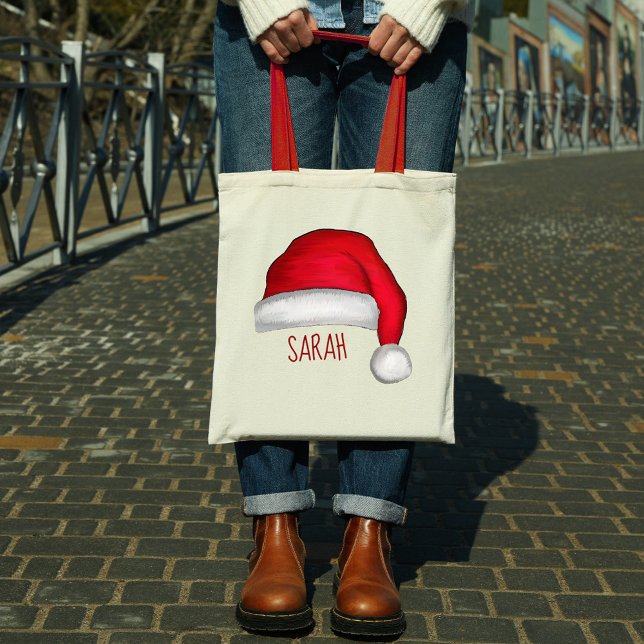 Bolsa Tote Personalizado do Pai Natal Vermelho e Bonito de Na (Red Santa Claus whimsical typography tote bag)
