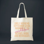 Bolsa Tote Personalizado Laranja Cor-de-Rosa Rosa de Fim de S<br><div class="desc">Personalizado Bright Hot Pink e Orange Girls Weekend Trip Custom Tote Bag com texto e texto editáveis para sua data,  destino ou local,  nome e citação divertida como "besties,  buds e bebidas" faz uma manutenção divertida e útil para seu viagem ou damas de honra.</div>
