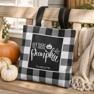 Bolsa Tote Personalizado Olá Abóbora Xadrez Preto Búfalo