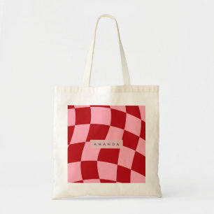 Bolsa Tote Personalizado Xadrez Vermelho e Rosa Ondulado