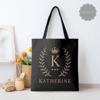 Bolsa Tote Personalizar o nome e o monograma Dourado preto in