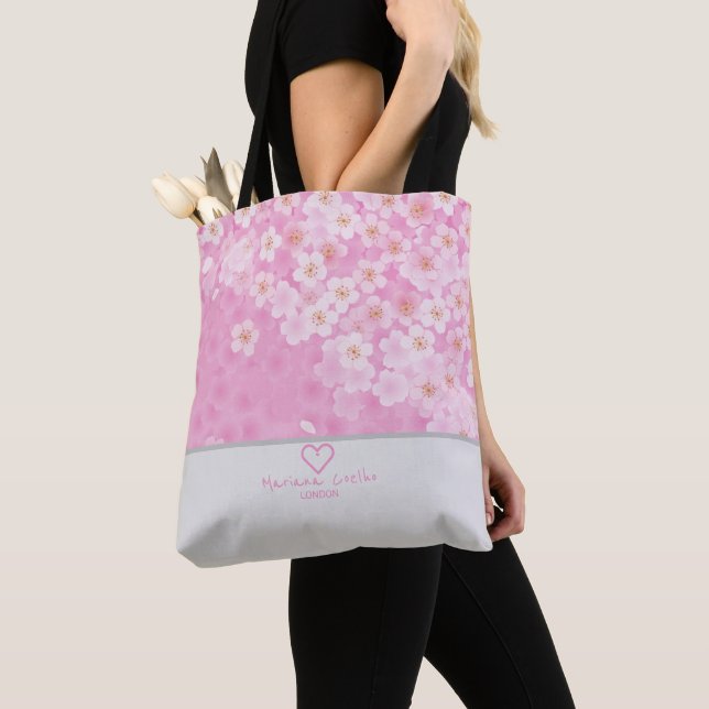 Bolsa Tote Personalize com seu nome e cidade ♥ Sakura Floral (Close Up)