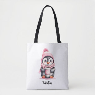 Bolsa Tote Personalize o Natal do Pinguim Rosa Bonito